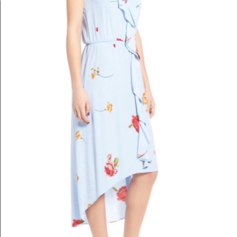 Leith sky blue dress with red floral pattern size small